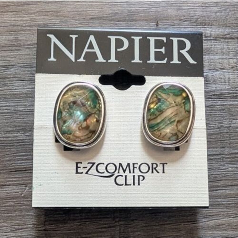 VTG Signed NAPIER Clip On EARRINGS Green/Yellow Abalone Stone Silver Outline